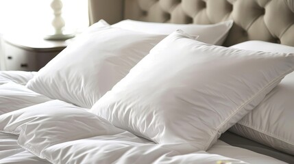Fototapeta na wymiar Plush white pillows up close, setting the stage for a night of sweet dreams and restful sleep