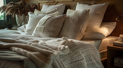 Fototapeta na wymiar Nestled among soft pillows and a plush blanket, this bed promises a peaceful night's sleep