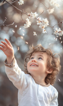 smiling little boy enjoys the spring day in nature