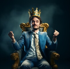 A photo ceremony of an European king, who has a brown mustache wearing a steel crown and a royal mantle, sitting on a throne in a glory pose in the middle of the photo. Generative AI.