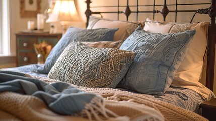 Inviting pillows on a cozy bed, capturing the essence of comfort and sweet dreams - obrazy, fototapety, plakaty