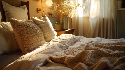 Inviting bed setup with plush pillows and a cozy blanket, a sanctuary for sweet dreams - obrazy, fototapety, plakaty