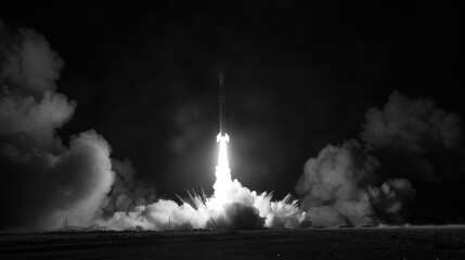 Intense launch of a nuclear missile, captured at night, its fiery ascent casting shadows - obrazy, fototapety, plakaty