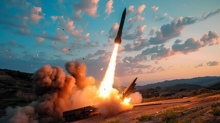 Intense missile launch captured at dusk, aimed skyward, showcasing military might - obrazy, fototapety, plakaty