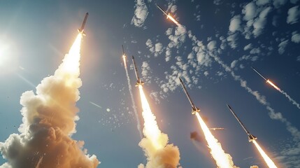 High-stakes moment as a salvo of rockets bursts from launchers, aimed at a stark blue sky - obrazy, fototapety, plakaty