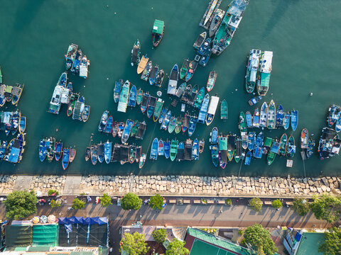 Cheung Chau, Hong Kong: Aerial top downview of the Cheung Chau island, famous for its fisherman harbor and waterfront promenade in Hongkong