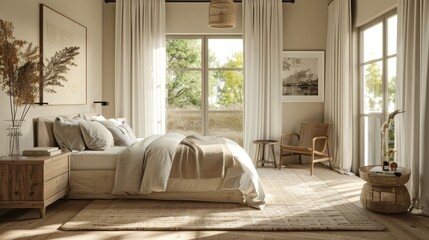 Elegant bedroom with a minimalistic approach, featuring natural linen and neutral, soft hues - obrazy, fototapety, plakaty