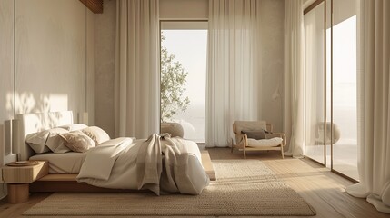 Elegant bedroom with a minimalistic approach, featuring natural linen and neutral, soft hues