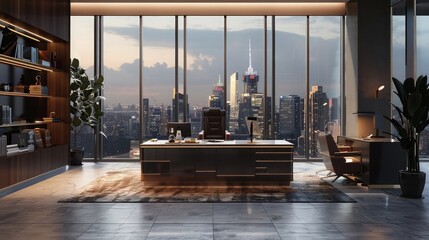A sophisticated executive office with panoramic views of the city skyline, featuring designer furnishings and sleek, modern decor, where business leaders make strategic decisions - obrazy, fototapety, plakaty