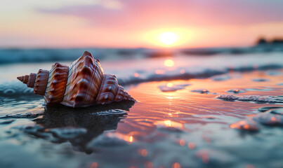 beautiful seashell in the sand at the romantic beach - obrazy, fototapety, plakaty