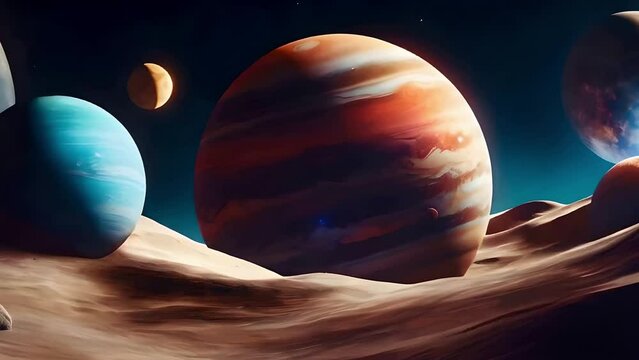 Surreal and colorful universe with multiple planets and space terrain under a starry sky. Ideal for sci-fi and astrology themes, AI generated 4k, loop video.