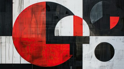 Delve into the concept of contrast and harmony in abstract geometric art using a black, white, and red palette