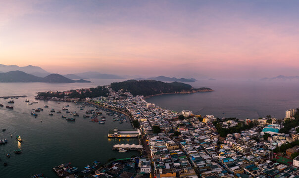 Cheung Chau, Hong Kong: Aerial panorama of  sunset over the Cheung Chau island in Hongkong