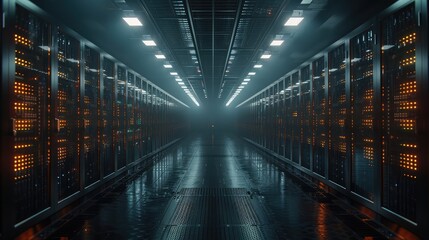 A sprawling data center illuminated by rows of blinking lights and humming servers, the heart of a vast digital ecosystem powering the modern world with unparalleled computing  - obrazy, fototapety, plakaty