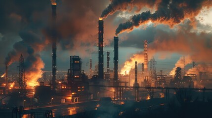 A sprawling industrial complex illuminated by the glow of molten metal and towering stacks emitting plumes of steam, a symphony of industry and technology driving the engine of progress. - obrazy, fototapety, plakaty