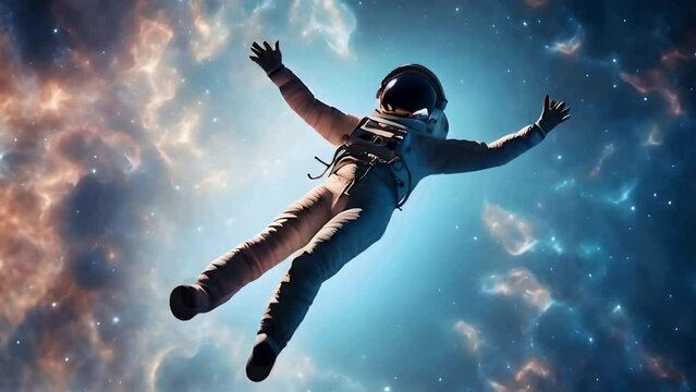 Astronaut floats freely in space, surrounded by a vivid cosmic backdrop filled with stars and nebulae, capturing the essence of space exploration and adventure, AI generated 4k, loop video.