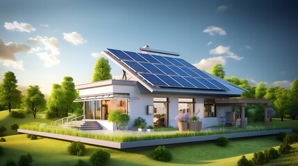 Naklejka premium Smart home with solar panels on the roof