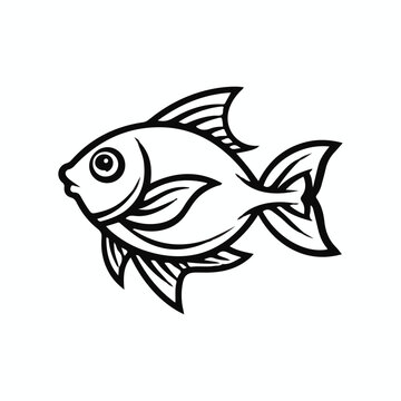 simple and minimalistic fish logo, lineart style, black and white line art, white background, no shading