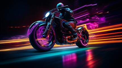 Motorcyclist riding on the road at night with neon lights