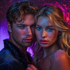 Naklejka premium Prom king and queen. Young couple in love standing in a dimly lit room. Surrounded by vibrant purple and blue neon light, sprinkles, splashes, glitters and sparkles.