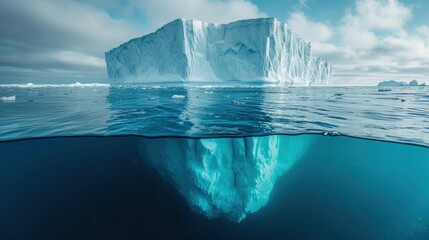 Minimalistic image of an iceberg in the ocean with a view under and above the water with a copy space. Generative AI