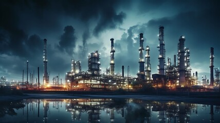 Naklejka premium oil refinery field at night with blue sky and white clouds.