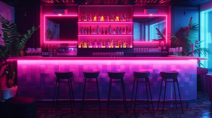 The bar counter in neon light. Modern bright bar, pub, retro neon lighting. Fashionable interior of the establishment, creative design