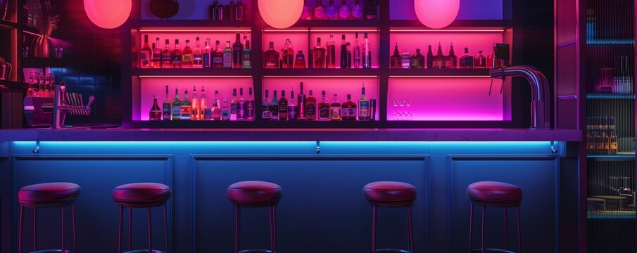 The bar counter in neon light. Modern bright bar, pub, retro neon lighting. Fashionable interior of the establishment, creative design