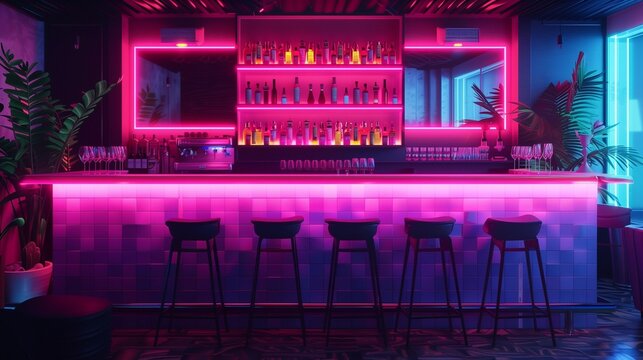 The bar counter in neon light. Modern bright bar, pub, retro neon lighting. Fashionable interior of the establishment, creative design