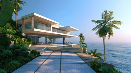 Design a 3D scene featuring a modern house exterior complemented by a breathtaking ocean view and a clear blue sky.