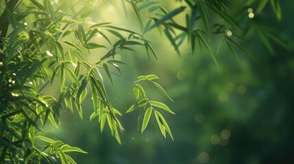 A tranquil bamboo forest bathed in soft sunlight, with slender stalks swaying gently in the breeze...