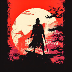 A man stands in front of a red moon.