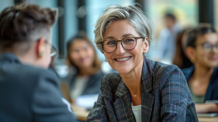 Obraz premium Smiling senior businesswoman leader wearing glasses sitting at meeting table with group of office workers in a team in corporate conference room
