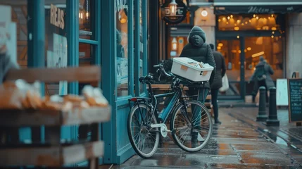 Rolgordijnen Depict a gig worker's delivery bike parked outside a bustling cafe, ready for the next order pickup, © sania