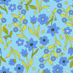 Cute seamless pattern with blue flowers. Vector graphics.