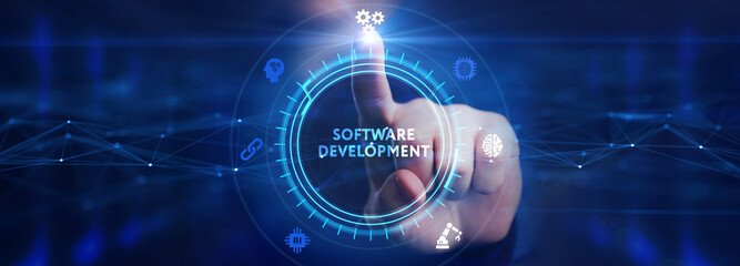 Inscription Software Development on the virtual display. Business, modern technology, internet and...