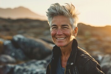 Portrait of smiling senior woman standing in front of a mountain during sunset