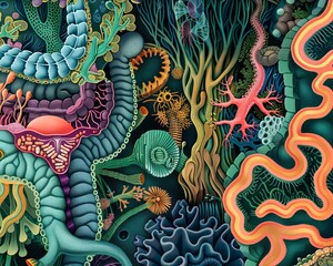Fototapeta premium Surreal interpretations of the diverse ecosystem of gut flora, abstract , background