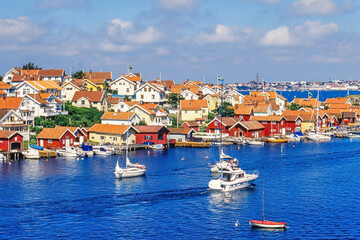 Old fishing village with boats on the swedish west coast a beautiful summer day