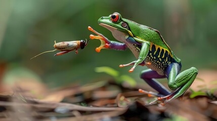 Naklejka premium Frog playing a cricket in the jungle. Animals are real and shot with super high speed .
