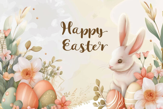Illustration of an Easter bunny among flowers, colorful eggs. Pastel colors and a calm atmosphere.