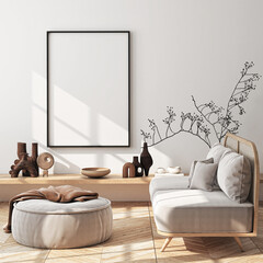 Frame mockup, ISO A paper size. Living room wall poster mockup. Interior mockup with house background. Modern interior design. 3D render
- 786880200