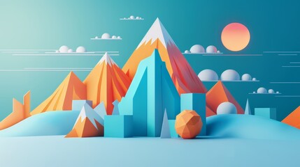 A 3D landscape with mountains, clouds, and a sun. The mountains are orange and the sky is blue.