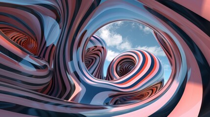 A ing of a colorful abstract structure with a blue sky and clouds in the background.