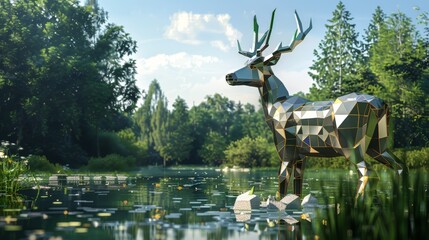 A 3D rendering of a metal origami deer standing in a pond surrounded by trees and grass.