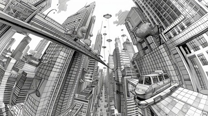 A black and white drawing of a futuristic city with skyscrapers, flying cars, and a train passing through the middle.