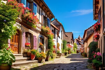 Fototapeta premium charming village square in a Bavarian town, with timber-framed buildings,
