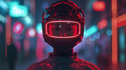 A close up portrait of a person wearing a futuristic helmet with red visor, standing in a dark street with colorful neon lights in the background. - obrazy, fototapety, plakaty