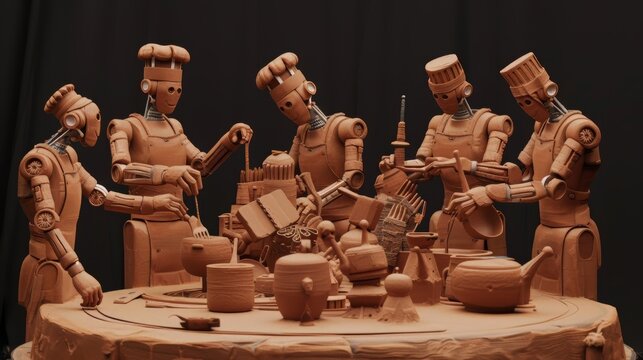 A claymation image of robot chefs cooking in a kitchen.