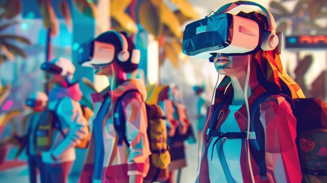 A group of people wearing VR headsets are walking through a city.